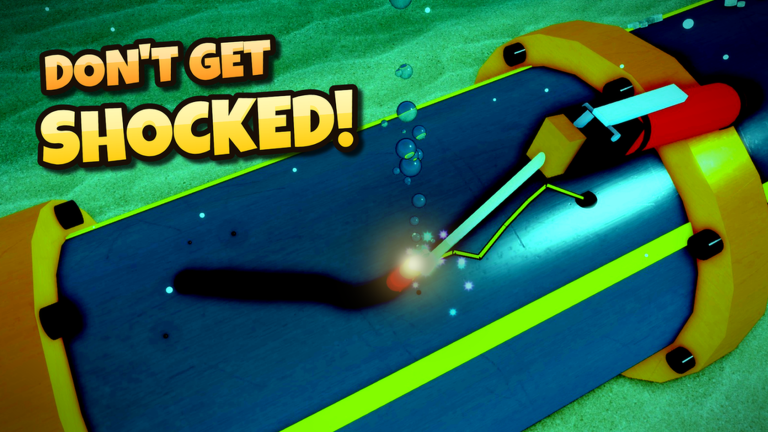 Welding Simulator thumbnail of an underwater pipe weld with a warning caption Don't Get Shocked.